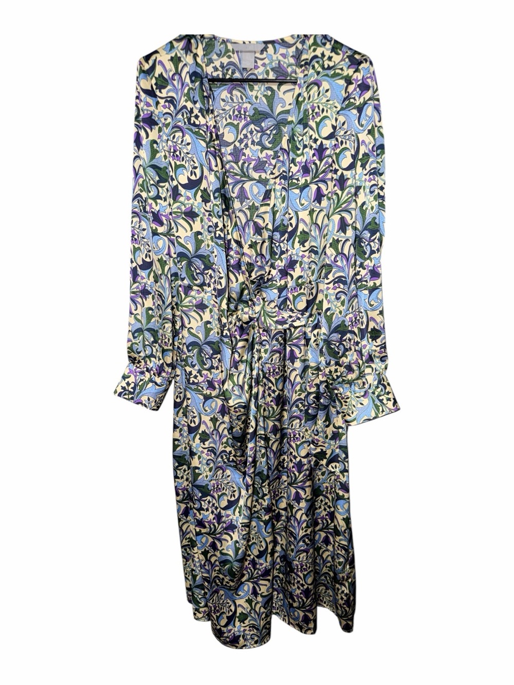 H&M Long-Sleeve Floral Print Tie-Waist Dress - Blue, Green, Purple, Cream
